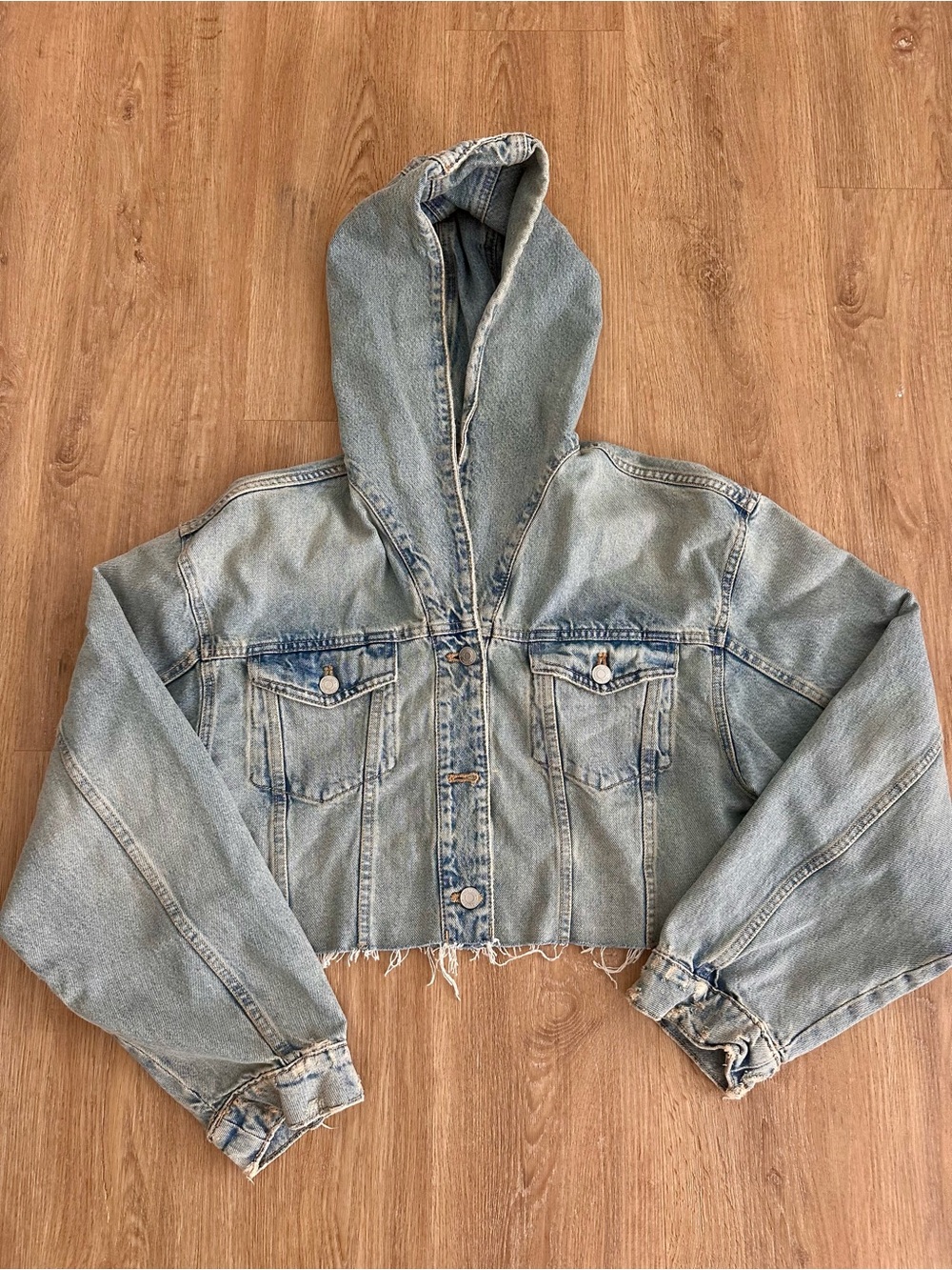 Zara Light Blue Hooded Cropped Denim Jacket